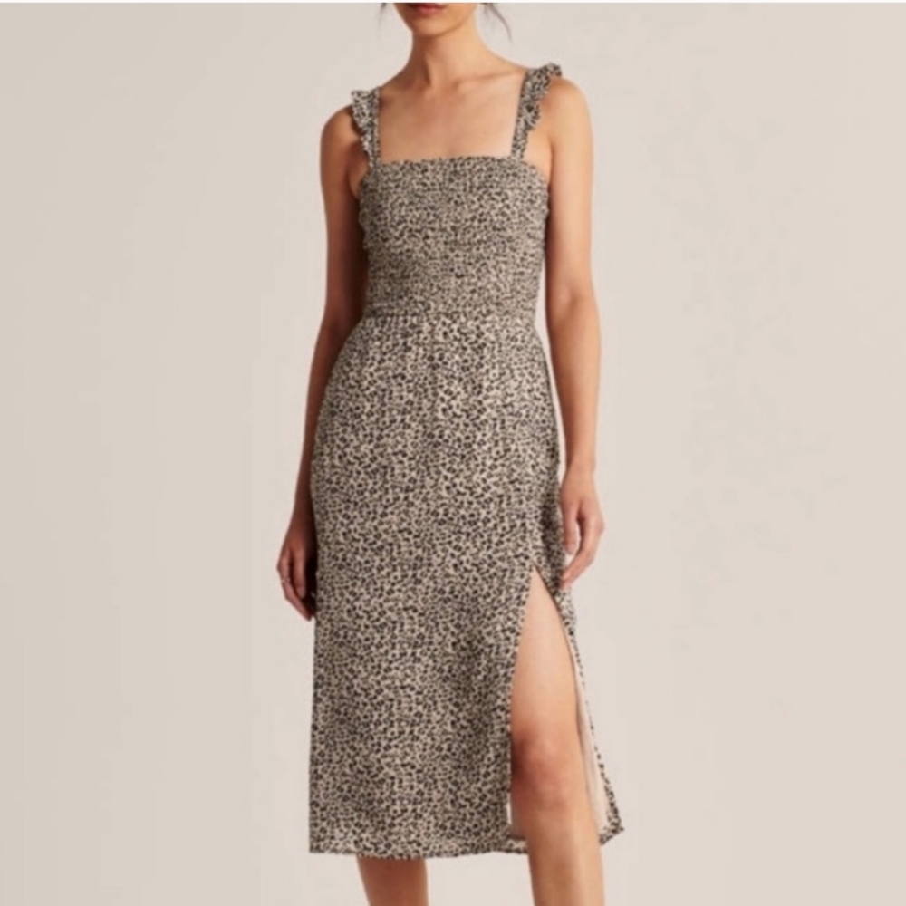 Abercrombie & Fitch Leopard Smock Ruffle Strap Midi Dress w/ Pockets & Slit